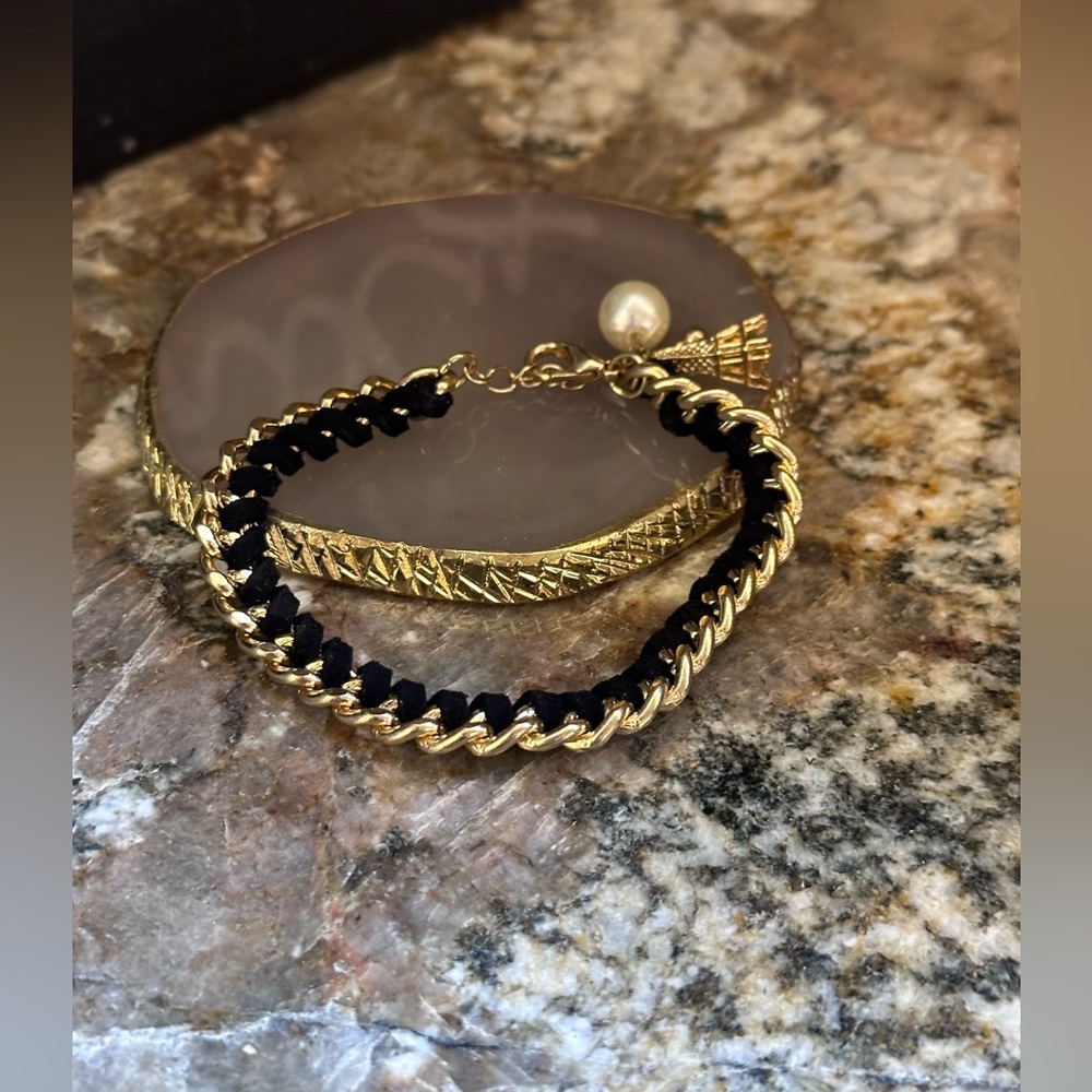 Gold Leather Pearl Paris Eiffel Tower Bracelet